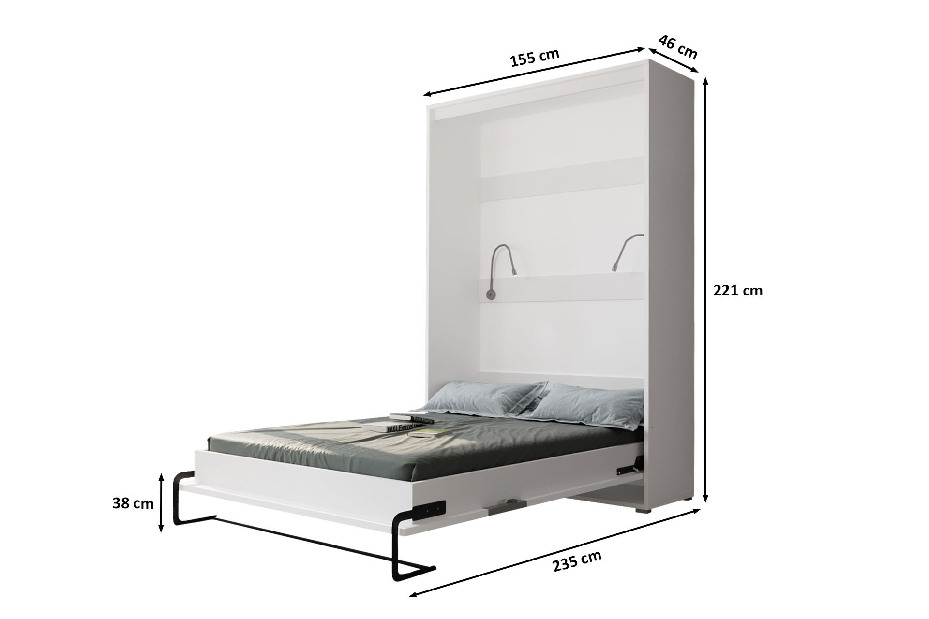 Sklápacia posteľ 140 Homer (biela matná + lesklá biela) (vertikálna) (s osvetlením)