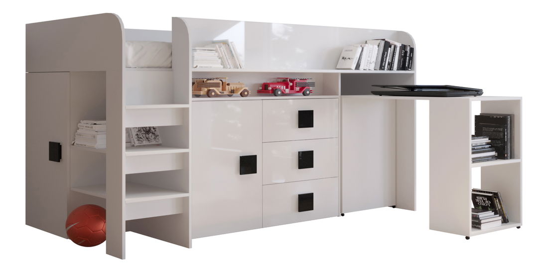 Pat multifuncțional 90 cm Toreno 1 (Alb + alb lucios + mânere negru lucios)