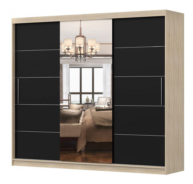 Šatníková skriňa Arrun (dub sonoma + čierna + zrkadlo)