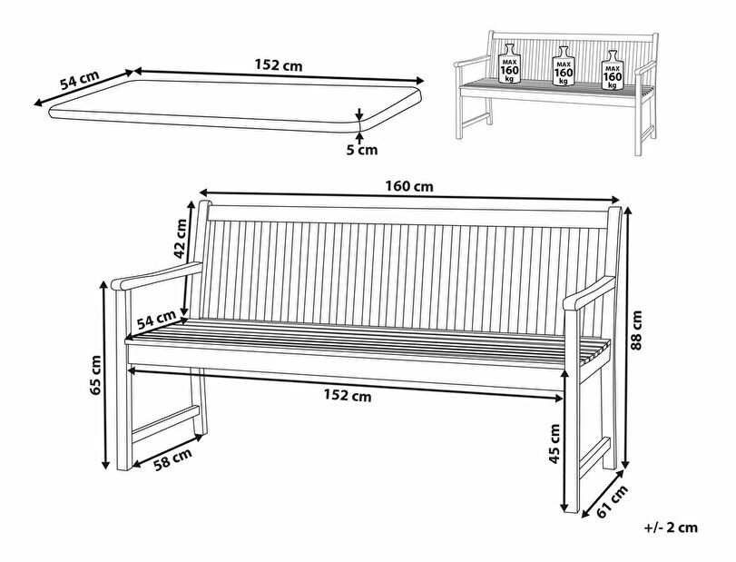 Záhradná lavica 160 cm VESTFOLD (drevo) (tmavočervený podsedák)