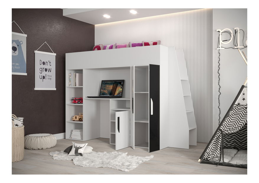 Pat pentru copii combinat 90 cm Puro 15 (alb mat + alb lucios + Turcoaz lucios)