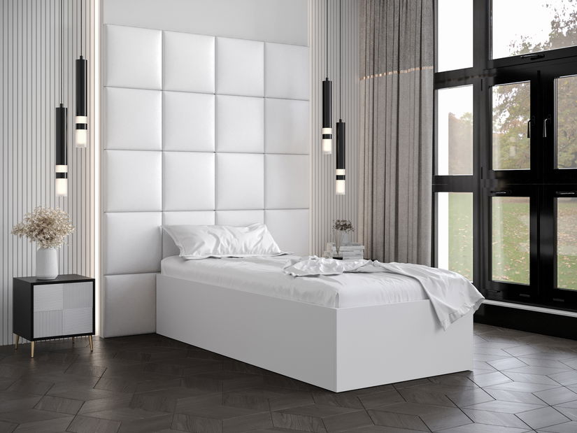 Pat de o persoană cu tăblie tapițată 90 cm Brittany 3 (Alb mat + Alb) (cu somieră)