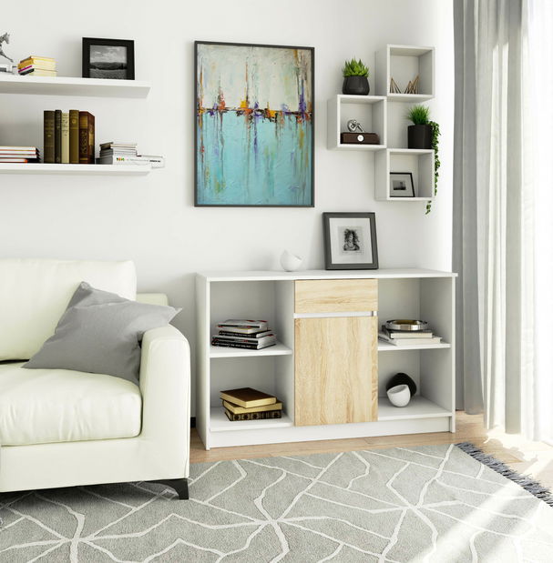 Comodă Briar (Alb + Stejar sonoma)