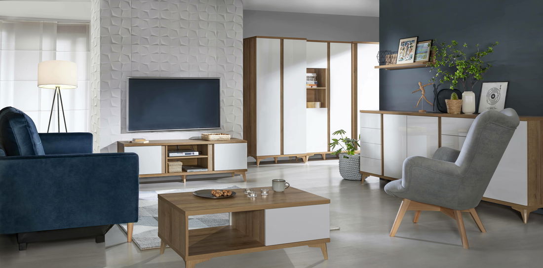 Regál typ O3 Onley (lesklá biela + dub riva)