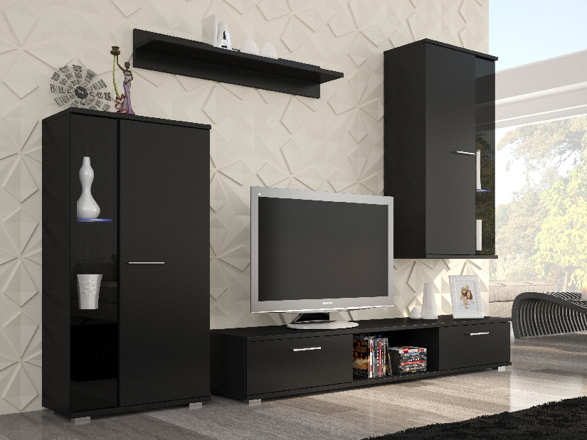 Mobilier living Levan (Negru mat + Negru lucios) (cu iluminat)