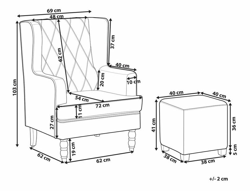Kreslo ušiak SANES (tmavomodrá) (s taburetkou)