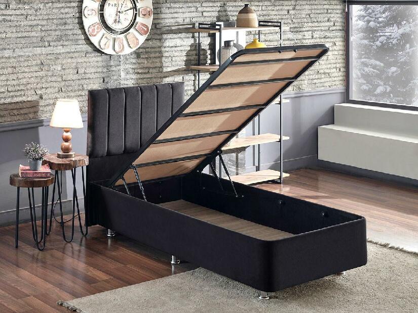 Egyszemélyes ágy kárpitozott fejtámlával 100 cm Kemadi (fekete) (ágyráccsal) (tárolóhellyel)
