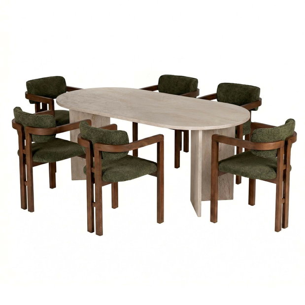 Set masă scaune (pentru 6 persoane) Marida 6 (travertin + nuc + verde)