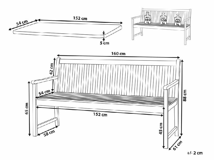 Záhradná lavica 160 cm VESTFOLD (drevo) (tmavočervený podsedák)