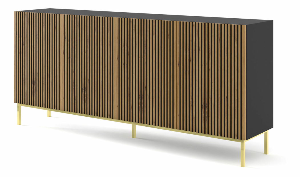 Komoda F 3D3S 200 Rowanna (čierna + dub artisan + zlatá)