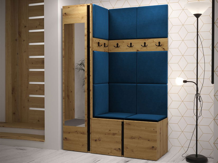 Mobilier hol Tovenaz X (Stejar artisan + Negru + albastru) (cu oglindă)