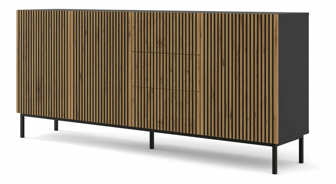 Comodă F 3D3S 200 Rowanna (Negru + Stejar artisan)