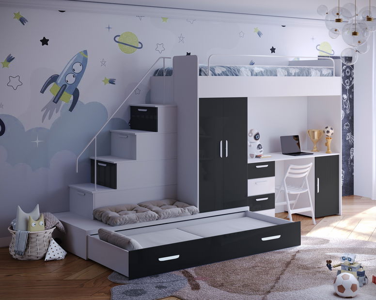 Detská posteľ Ruby V (Biela + Čierna) (s roštami)