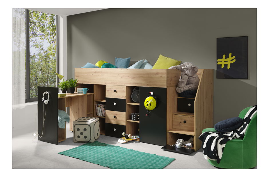 Pat pentru copii combinat 90 cm Sami 3 (Stejar artisan + negru mat + mânere albe) (D)