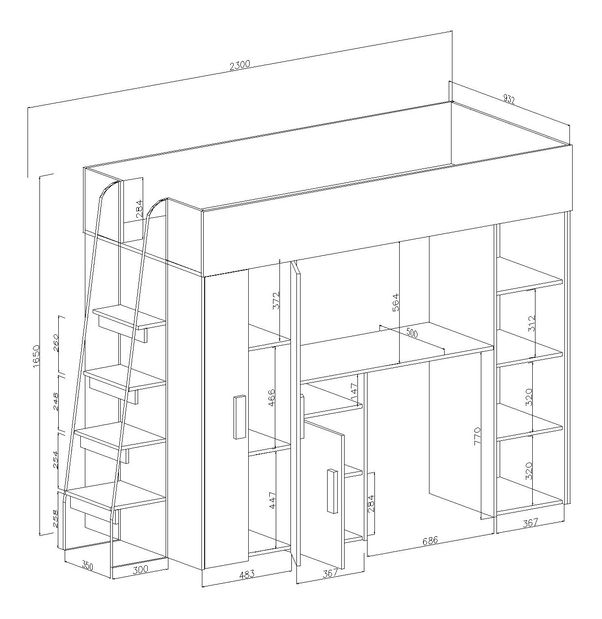 Pat pentru copii combinat 90 cm Puro 15 (alb mat + alb lucios + Turcoaz lucios)