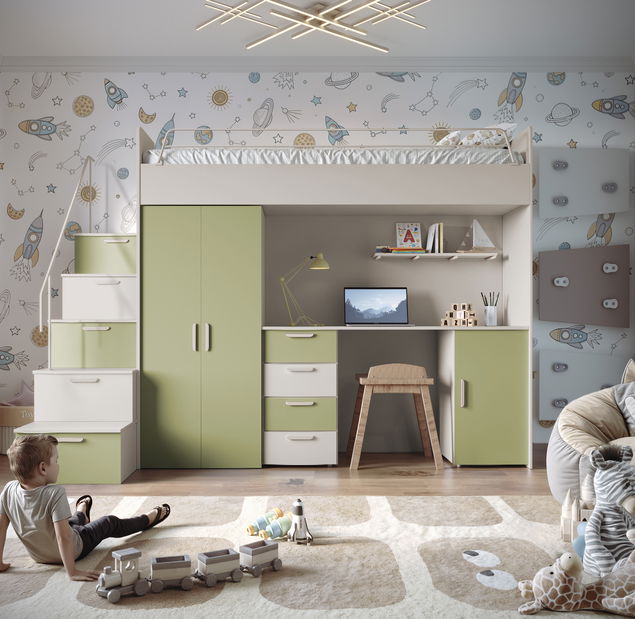 Pat pentru copii Ruby IV S (cașmir + verde măslin) (cu somiere)