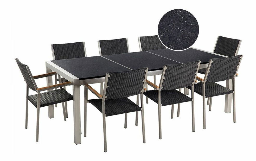 Záhradná jedálenská sada Grosso (čierna) (ratanové stoličky) (pre 8 osôb) (kameň)
