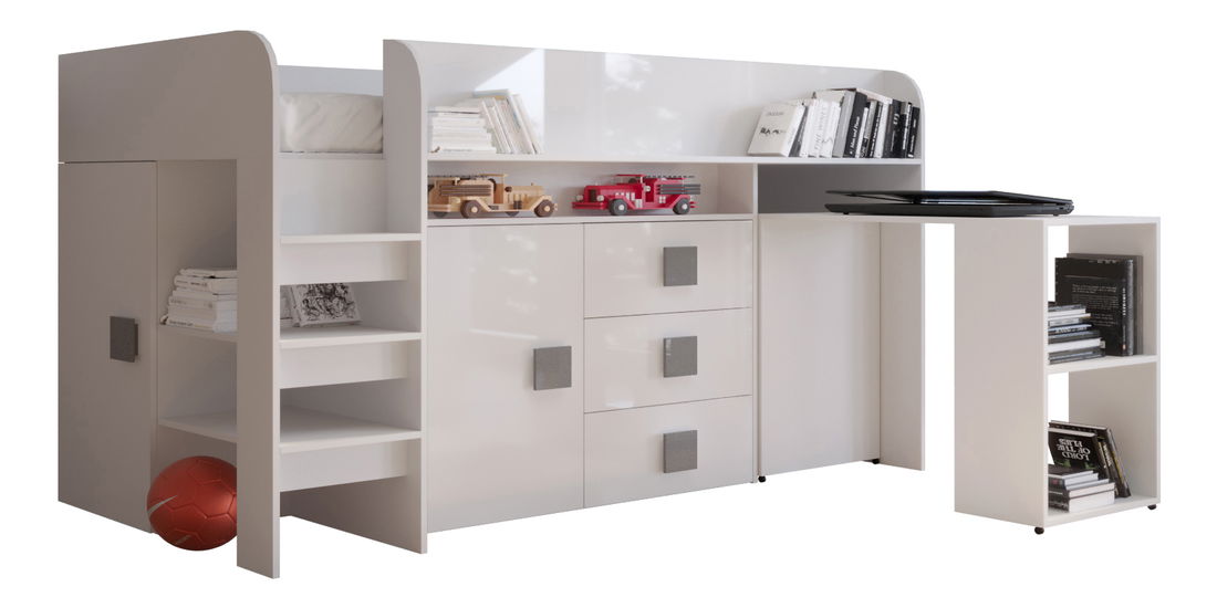 Pat multifuncțional 90 cm Toreno 1 (Alb + alb lucios + mânere gri lucios)