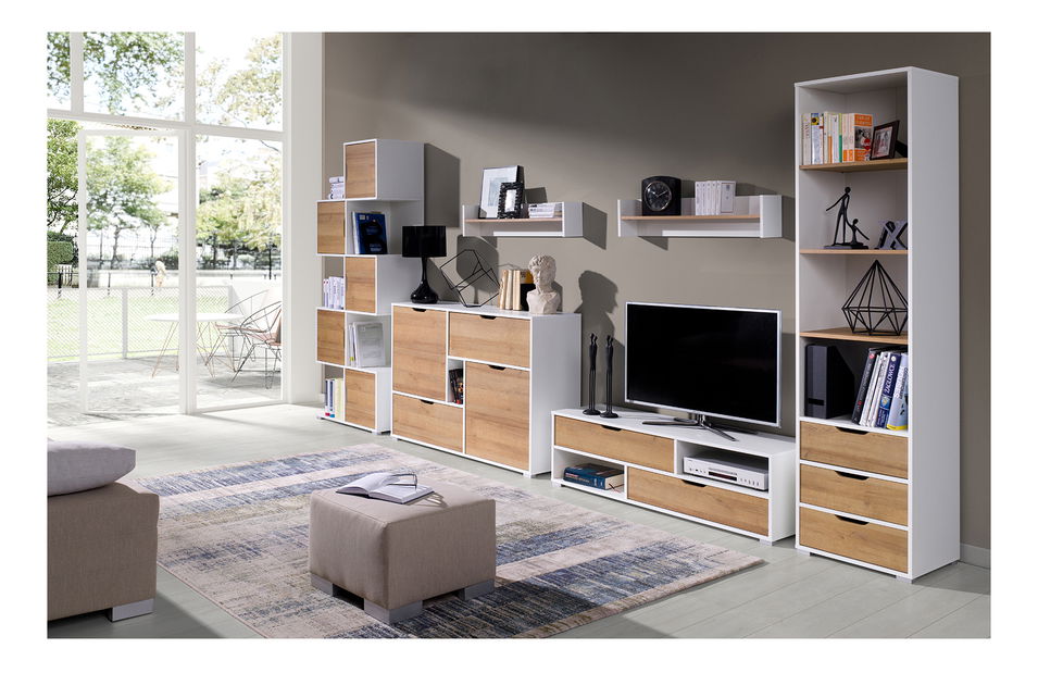 Comodă Iweta K2D2SZ (Alb mat + Stejar auriu)