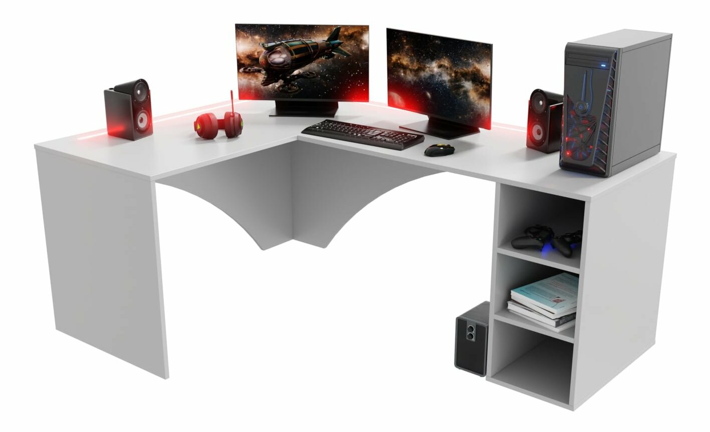 Sarok PC asztal Carbon (fehér) (B) (RGB LED világítással)