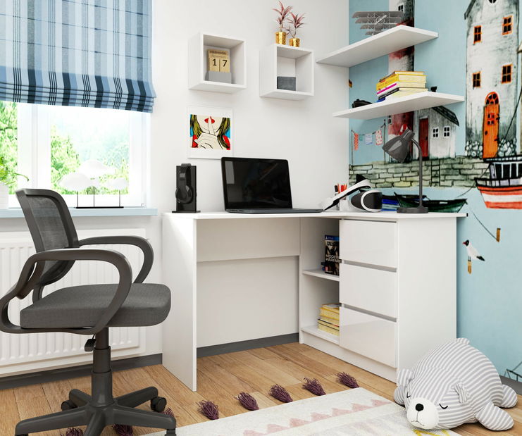 Rohový PC stolík Bodhi (biela + biely lesk) (P)