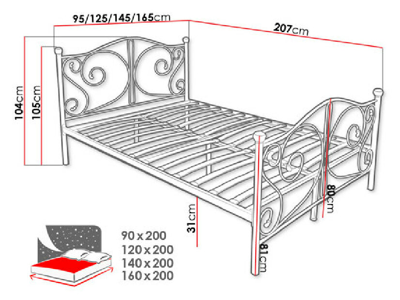 Kovová posteľ s kryštálmi Drystan (čierna) (160x200)