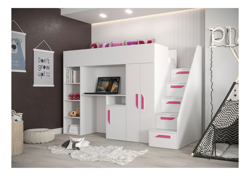 Pat pentru copii combinat 90 cm Puro 14 (alb mat + alb lucios + mânere roz)