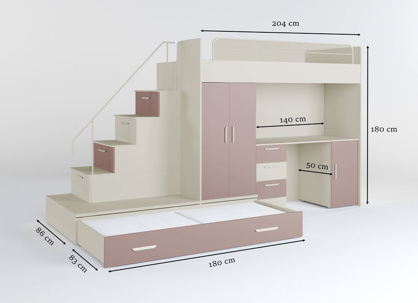 Pat pentru copii Ruby V (cașmir + roz) (cu somiere)
