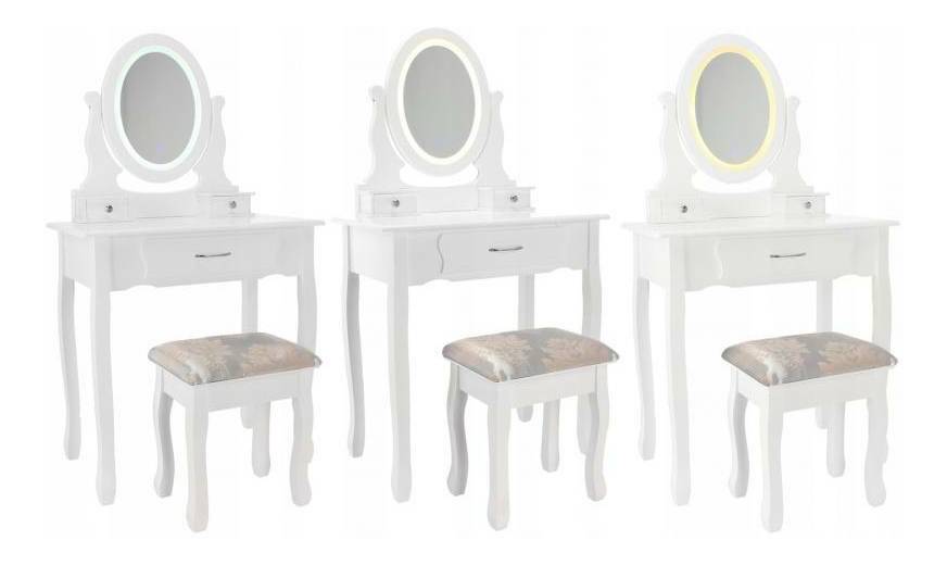 Masă de toaletă cu taburete Sophiina (cu iluminat LED) (Alb)