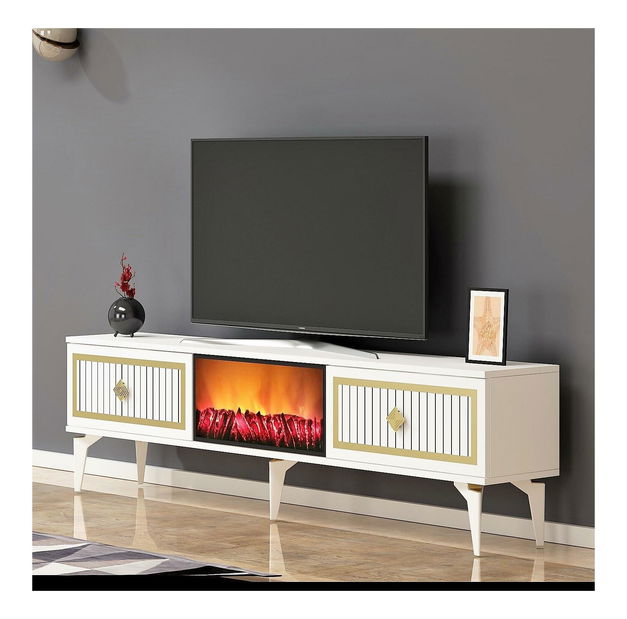 TV stolić/ormarić s kaminom Kebive (bijela + zlatna)