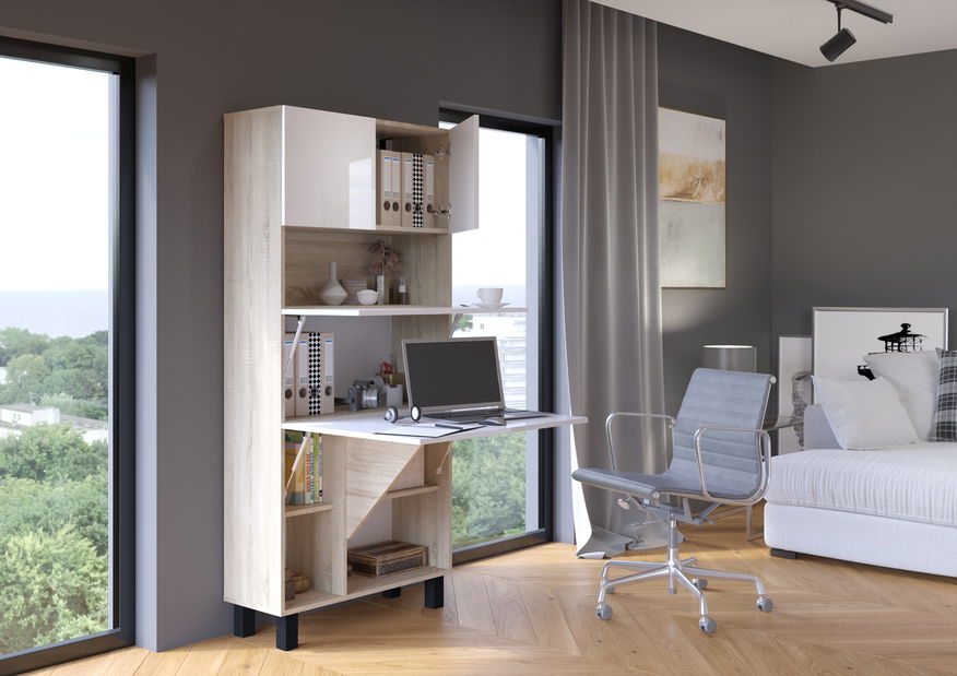 Masă PC Home (alb lucios + Stejar sonoma)