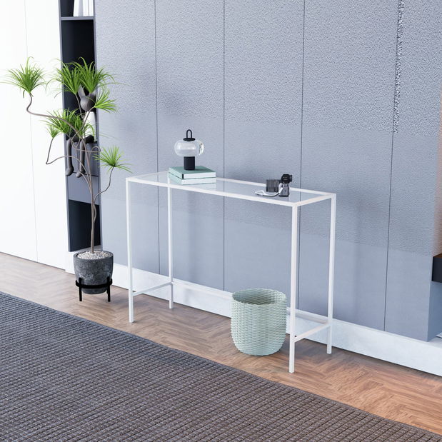 Măsuță consolă Canva (alb + sticlă)