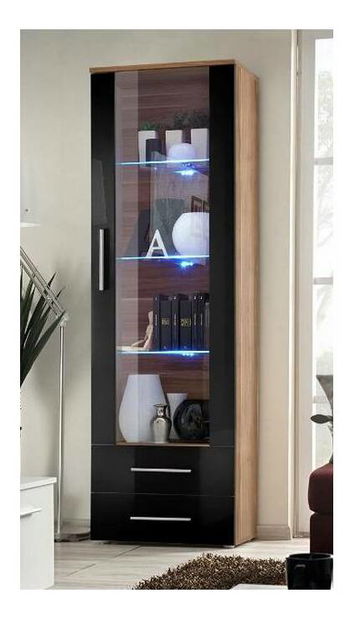 Vitrína Nelia 23 NSH N1 (s osvetlením) (slivka + lesk čierny)