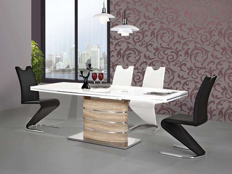 Jedálenský stôl Nott (lesk vysoký biely + dub sonoma) (pre 6 osôb až 8 osôb)