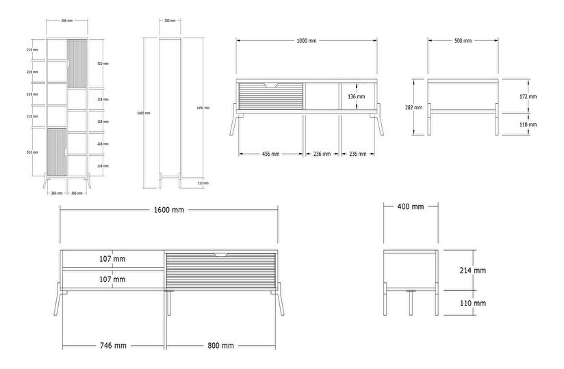 Set mobilier living Tretsilla (Stejar zafir + alb + negru)