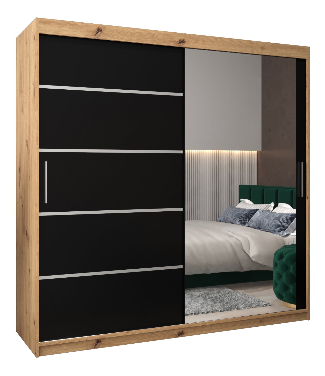 Ruhásszekrény 250 cm tükörrel Verika 2 250 (artisan tölgy + fekete)