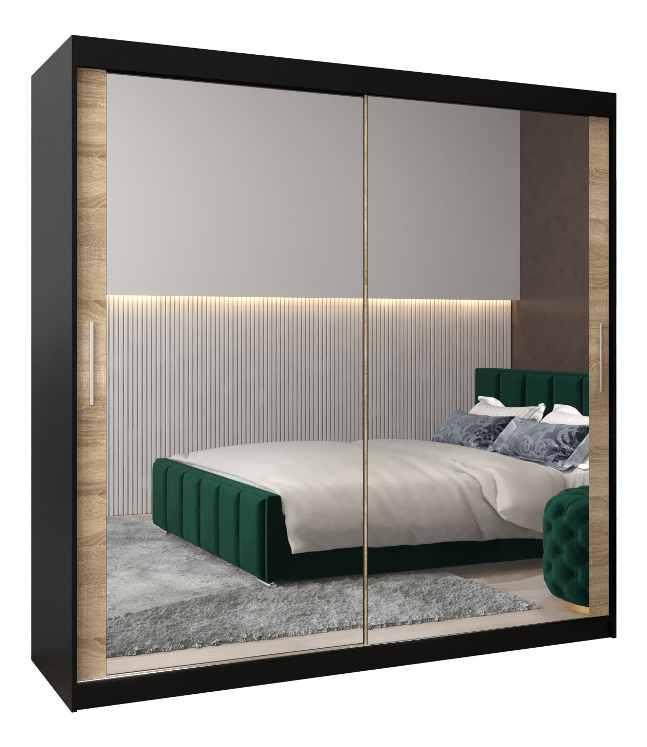 Ruhásszekrény 200 cm Toki 3 (matt fekete + sonoma tölgy)