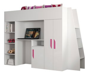 Pat pentru copii combinat 90 cm Puro 15 (alb mat + alb lucios + mânere roz)