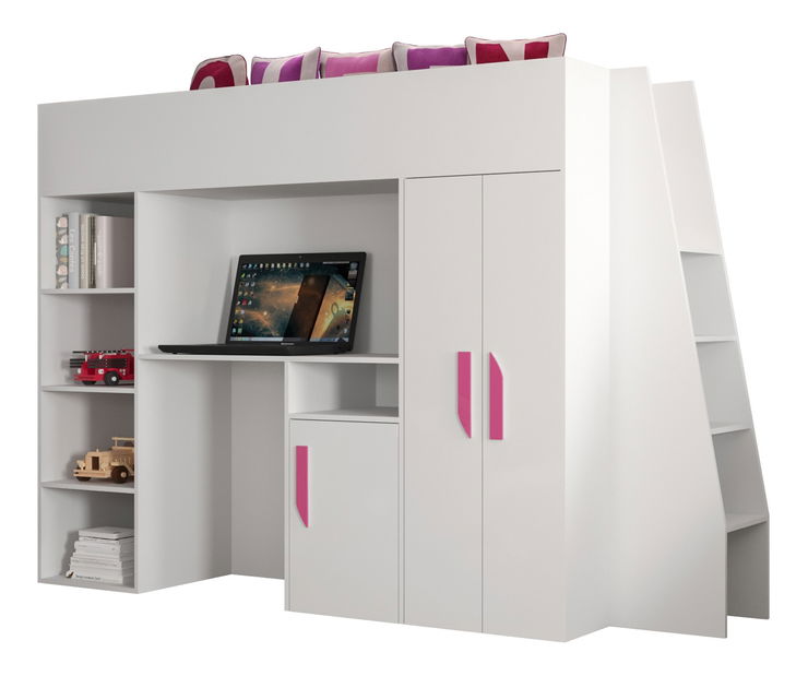 Pat pentru copii combinat 90 cm Puro 15 (alb mat + alb lucios + mânere roz)