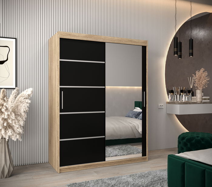 Dulap de haine 150 cm cu oglindă Verika 2 150 (stejar sonoma + negru)