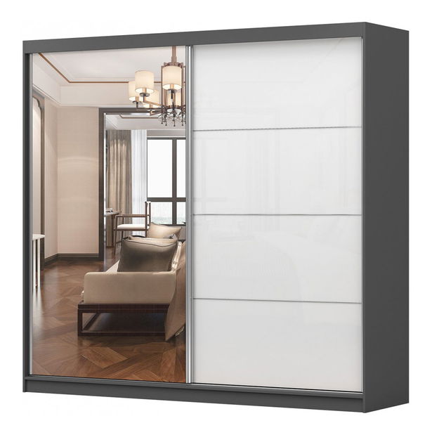 Šatníková skriňa Mebur 35 230 (grafit + zrkadlo + lesk biely)