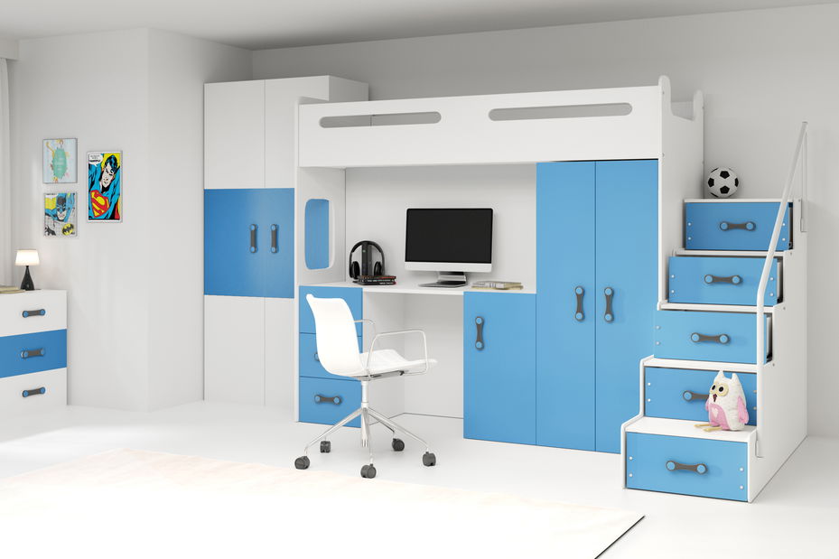 Krevet na kat 80 x 200 cm Moxxo 4 (bijela + plava) (s podnicom, madracem i prostorom za odlaganje)