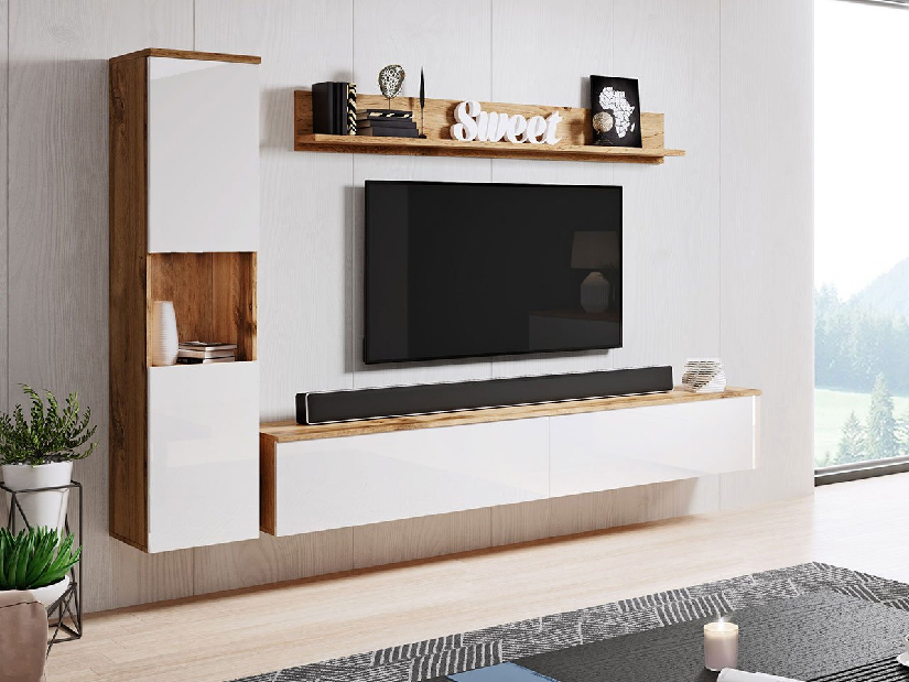 Mobilier living Nova BR (Stejar wotan + Alb lucios) (fără iluminat)