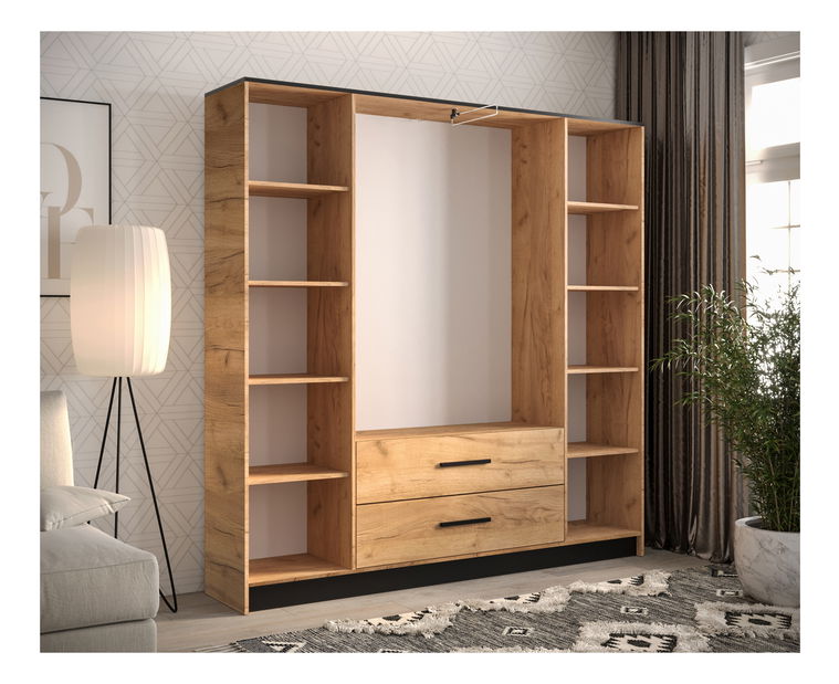 Ruhásszekrény 201 cm Marine 2 (tükörrel) (arany craft tölgy + fekete)