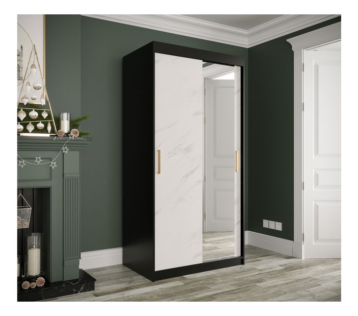 Šatníková skriňa 100 cm Marbelo T2 (matná čierna + biely mramor)