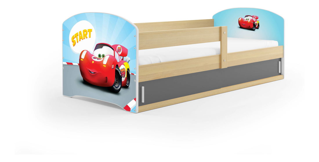 Detská posteľ 80 x 160 cm Lukan (borovica + vzor cars) (s roštom, matracom a úl. priestorom)