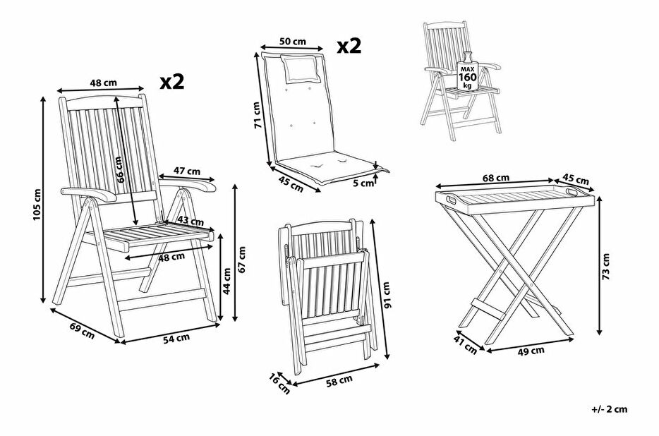 Set pentru grădină TRATORIA (roșu închis + perne albastre) (pentru 2 persoane)