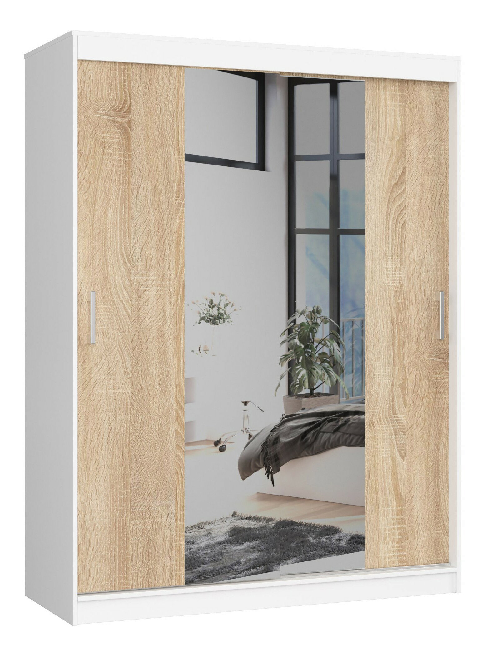 Ruhásszekrény Clotilde (fehér + sonoma tölgy) (tükörrel)