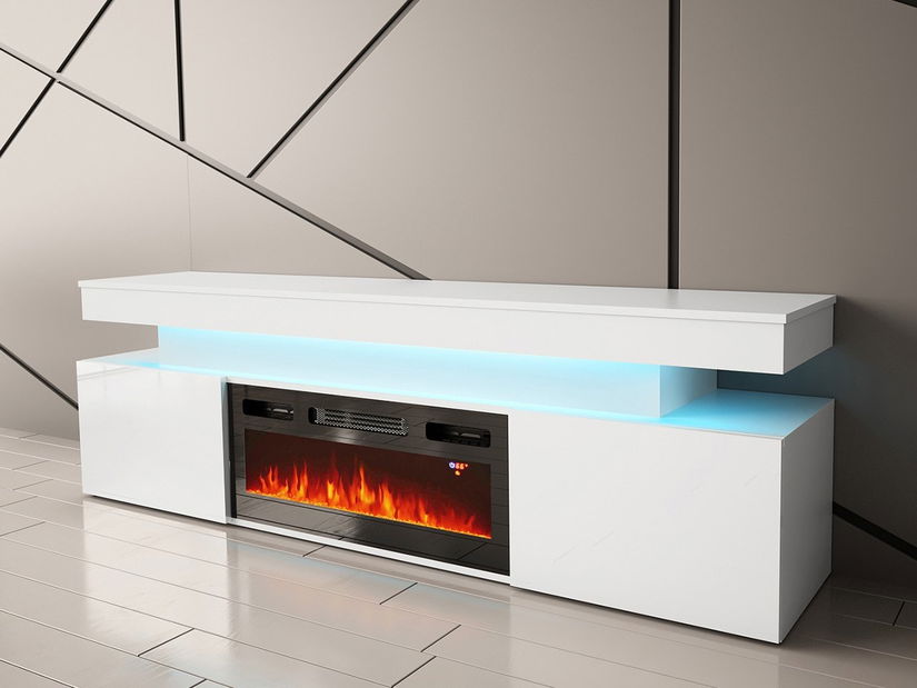TV skrinka s krbom Lesteralo EF 2D 190 (biela + lesk biely) (s modrým LED osvetlením)