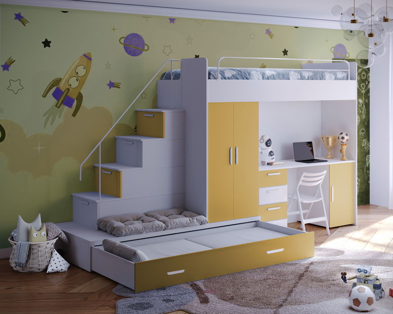 Pat pentru copii Ruby V (alb + Galben) (cu somiere)